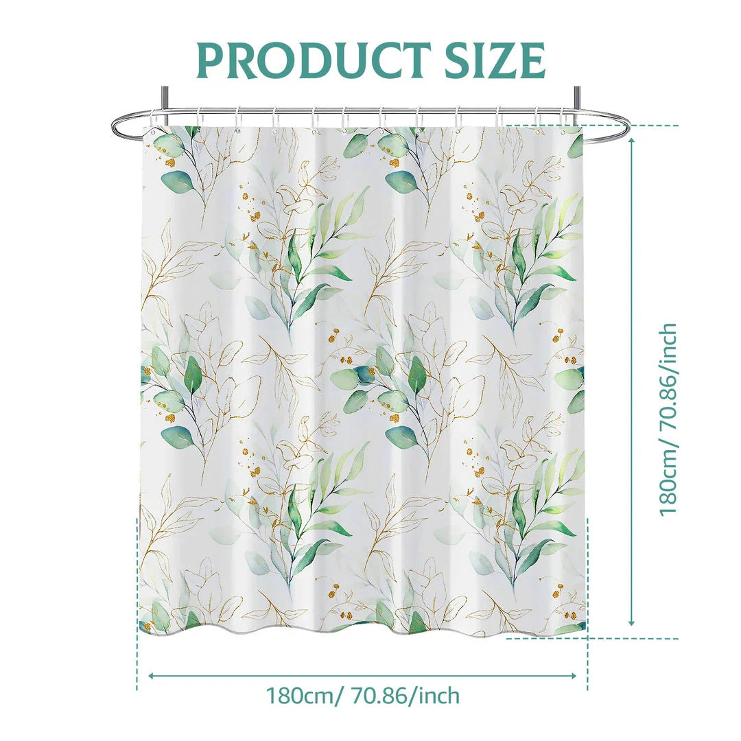 Elegant leaf-patterned waterproof shower curtain with a nature-inspired design, suitable for UK bathrooms
