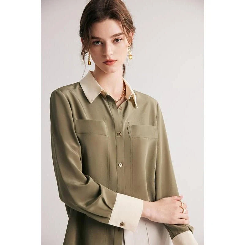 Sophisticated 100% Mulberry silk crepe de chine dress shirt for stylish women in the UK, offering elegance, comfort and versatility.