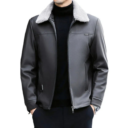 A premium leather down jacket for men, featuring a sleek and sophisticated design with warm insulation for the autumn and winter seasons.