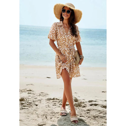Elegant Geometric Print Mini Dress in Khaki with A-Line Silhouette and V-Neckline