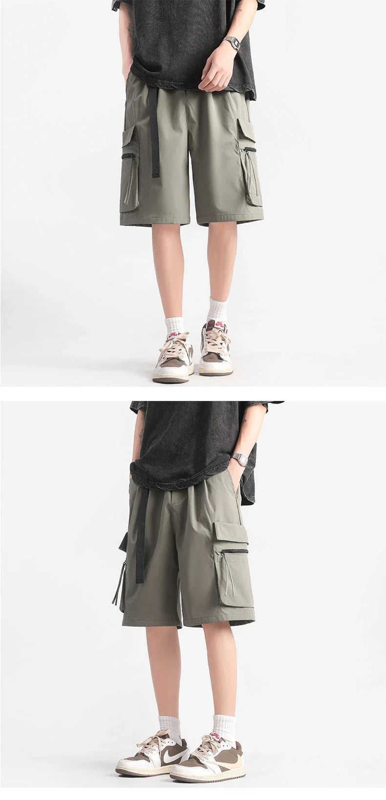 Trendy multi-pocket workwear shorts in a variety of colours, including black, khaki, green, and light grey, with a straight-leg design and ample storage options.
