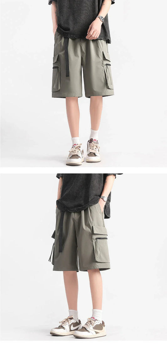 Trendy multi-pocket workwear shorts in a variety of colours, including black, khaki, green, and light grey, with a straight-leg design and ample storage options.