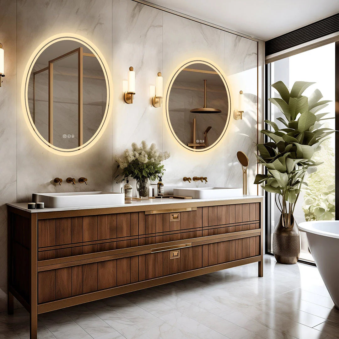 Elegant LED backlit round vanity mirror with adjustable warm, natural white, and bright white lighting settings