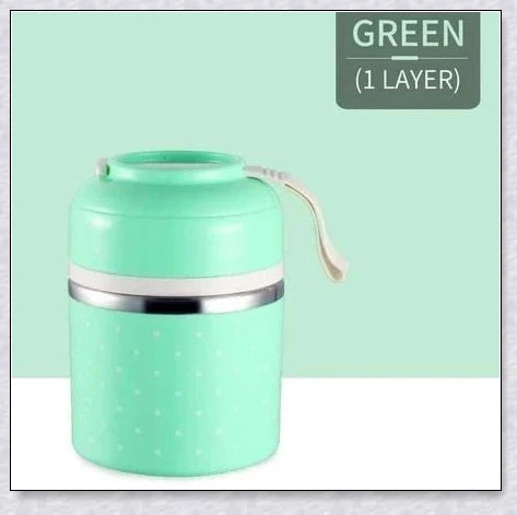 Insulated Hot Food Thermos Lunchbox Tower with multi-layer design and choice of green, pink, blue, or gray colour
