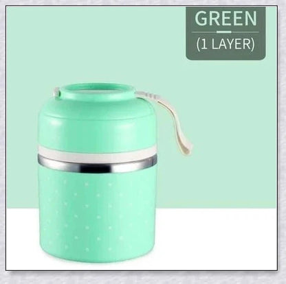 Insulated Hot Food Thermos Lunchbox Tower with multi-layer design and choice of green, pink, blue, or gray colour