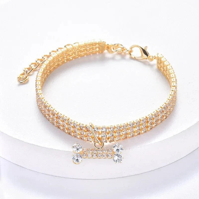 Luxury adjustable pet collar with sparkling zircon bone pendant in silver, gold, and rose gold colours
