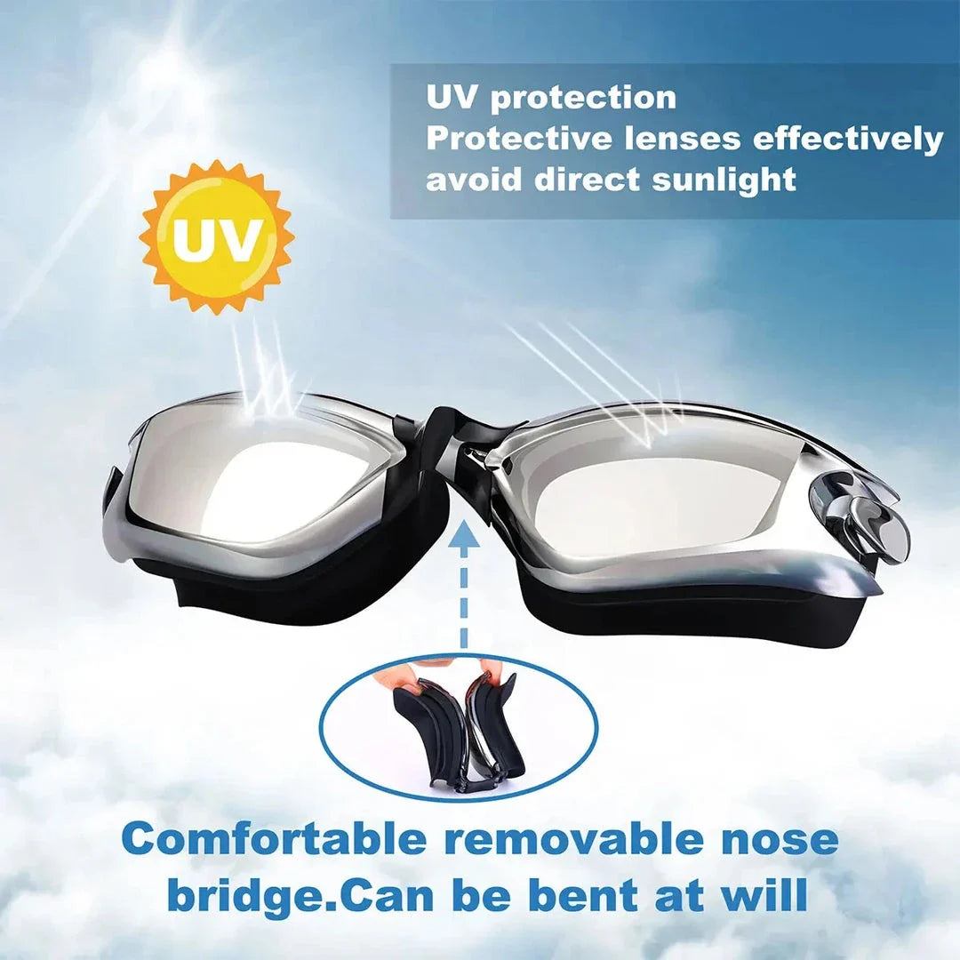 Premium adult swimming goggles with anti-fog lenses, UV protection, and adjustable silicone frame