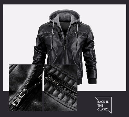 A stylish hooded PU jacket in black, designed for warm winter wear with practical features and a tailored fit.