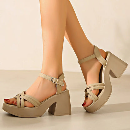 Stylish chunky high heel platform sandals for fashionable women in the UK, featuring a secure buckle closure and available in black, beige, and apricot colours.