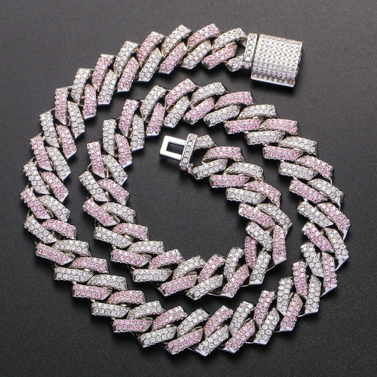 Stylish men's hip hop necklace with pink zircon stone and adjustable Cuban link chain