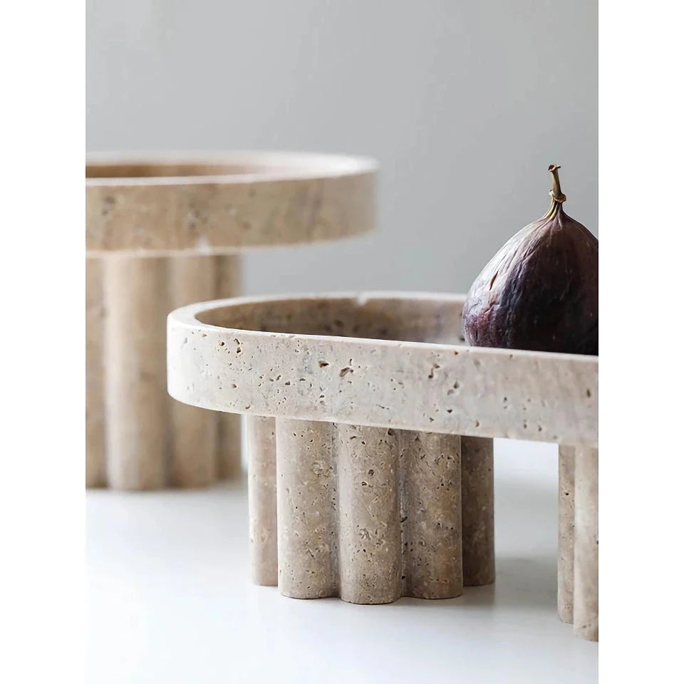 Elegant natural travertine marble serving tray with wooden legs, showcasing unique patterns and a smooth, hand-polished surface for serving, organising, and displaying.