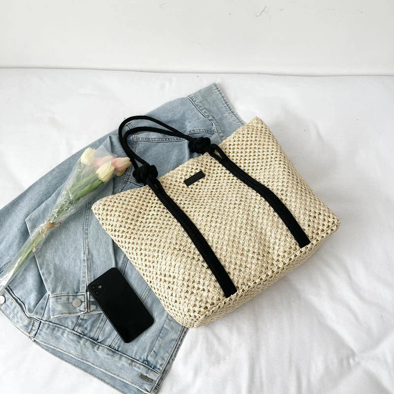 Premium large capacity woven straw beach tote in beige colour with stylish knitted pattern