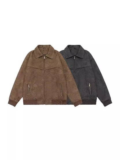 A classic distressed leather jacket in a relaxed, unstructured fit suitable for both men and women