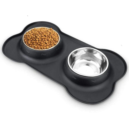 Stainless steel and silicone anti-slip double pet feeding bowl with elevated, slip-resistant design for dogs and cats