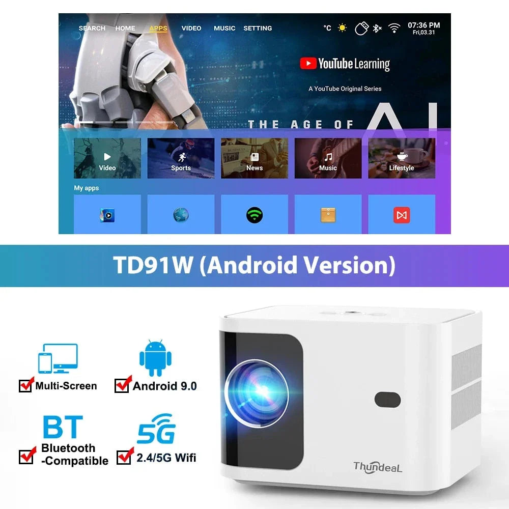 High-Definition 1080P 4K Video Portable Projector with 5G Wi-Fi and Android OS for Immersive Home Entertainment