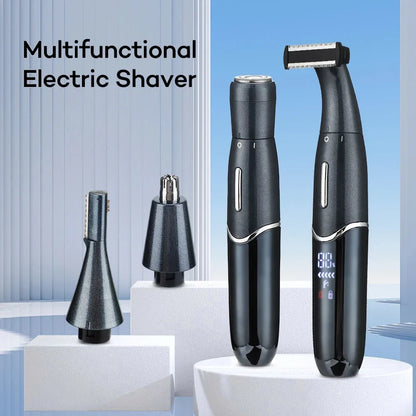 4-in-1 Rechargeable Electric Shaver for Men and Women, featuring premium materials, efficient hair removal, and smart charging capabilities