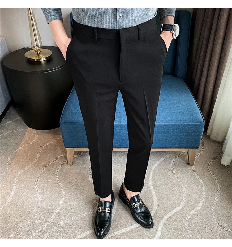Premium men's suit trousers in a variety of colours, featuring a subtle textured drape and exceptional stretch for all-day comfort and style.