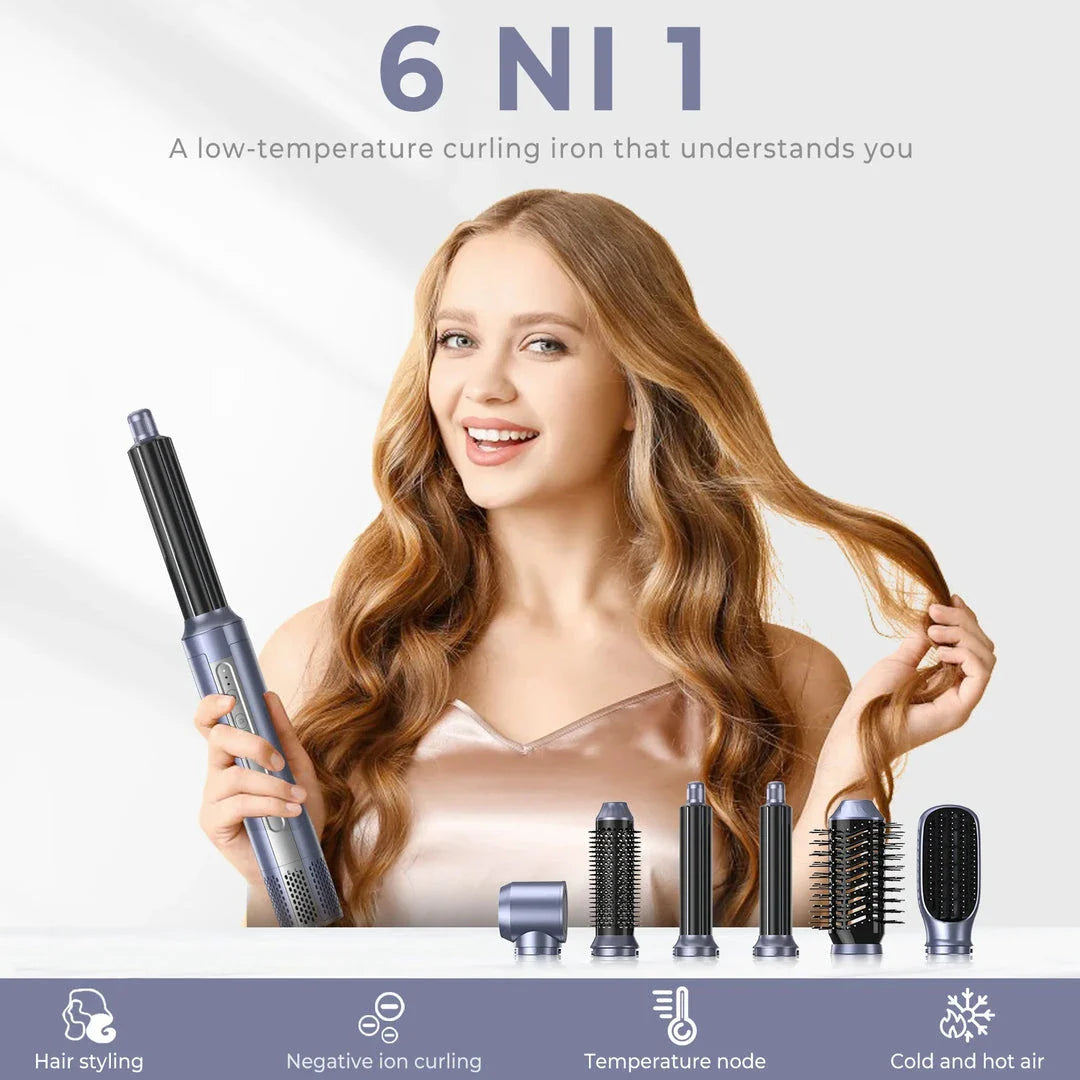 A 6-in-1 multifunctional hair dryer brush with multiple attachments for styling, drying, and volumising hair