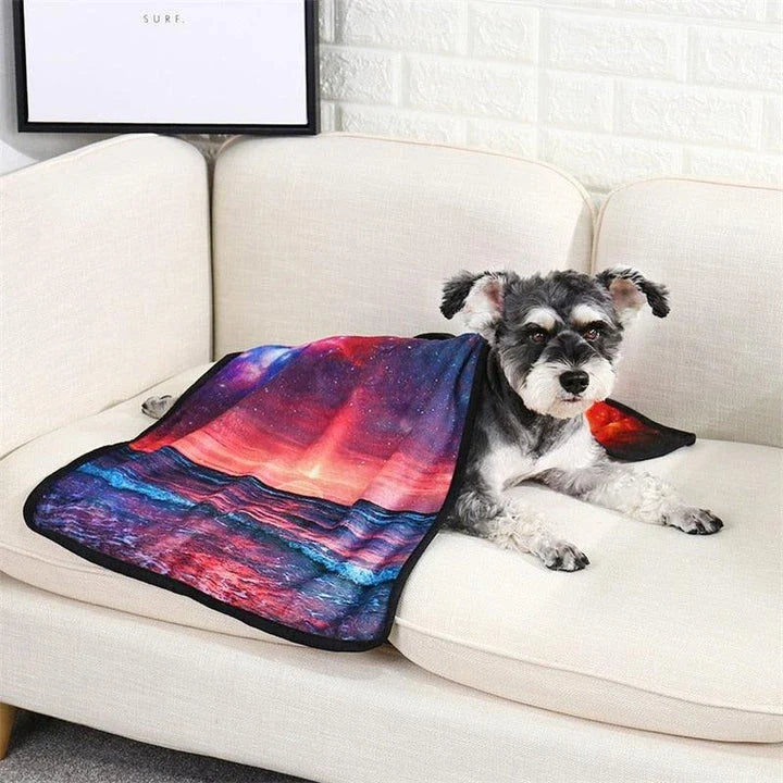 Galaxy-themed pet blanket in starry sky and rich dog colours, available in small, medium, and large sizes