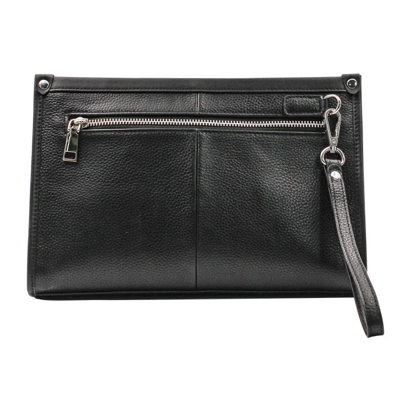 Premium first-layer cowhide leather business handbag with fingerprint lock, hidden compartments, and sophisticated horizontal square design