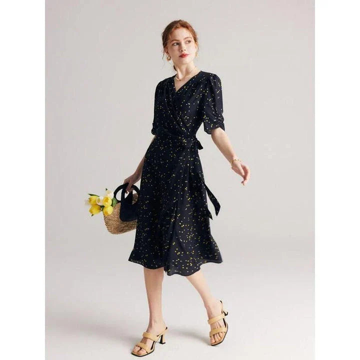 Elegant black polka dot silk wrap dress for women with chic V-neck and empire waistline