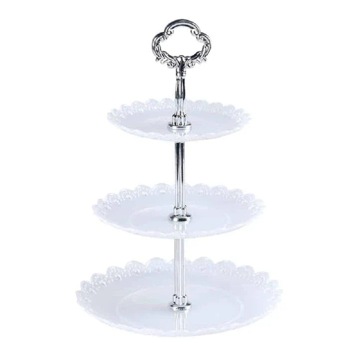 A vibrant multicoloured cake stand made of premium durable plastic, designed to elegantly display desserts and baked goods.