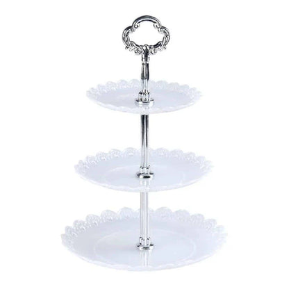A vibrant multicoloured cake stand made of premium durable plastic, designed to elegantly display desserts and baked goods.