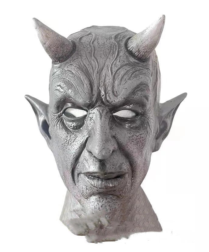 A close-up view of a black latex mask with twisted, menacing horns, creating a fearsome demonic appearance for Halloween costumes and parties.
