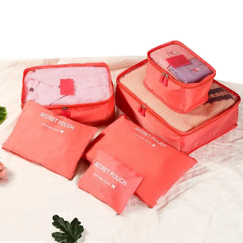 Premium 6-Piece Travel Organiser Bag Set in Pink, featuring durable polyester construction and a variety of sizes for organised packing