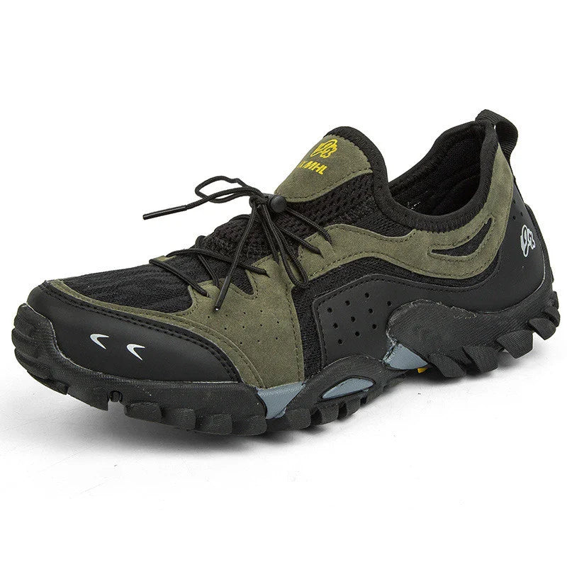 Couple wearing durable British-made mesh hiking shoes exploring the outdoors