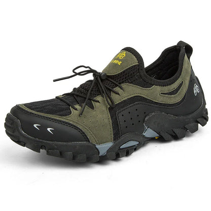 Couple wearing durable British-made mesh hiking shoes exploring the outdoors