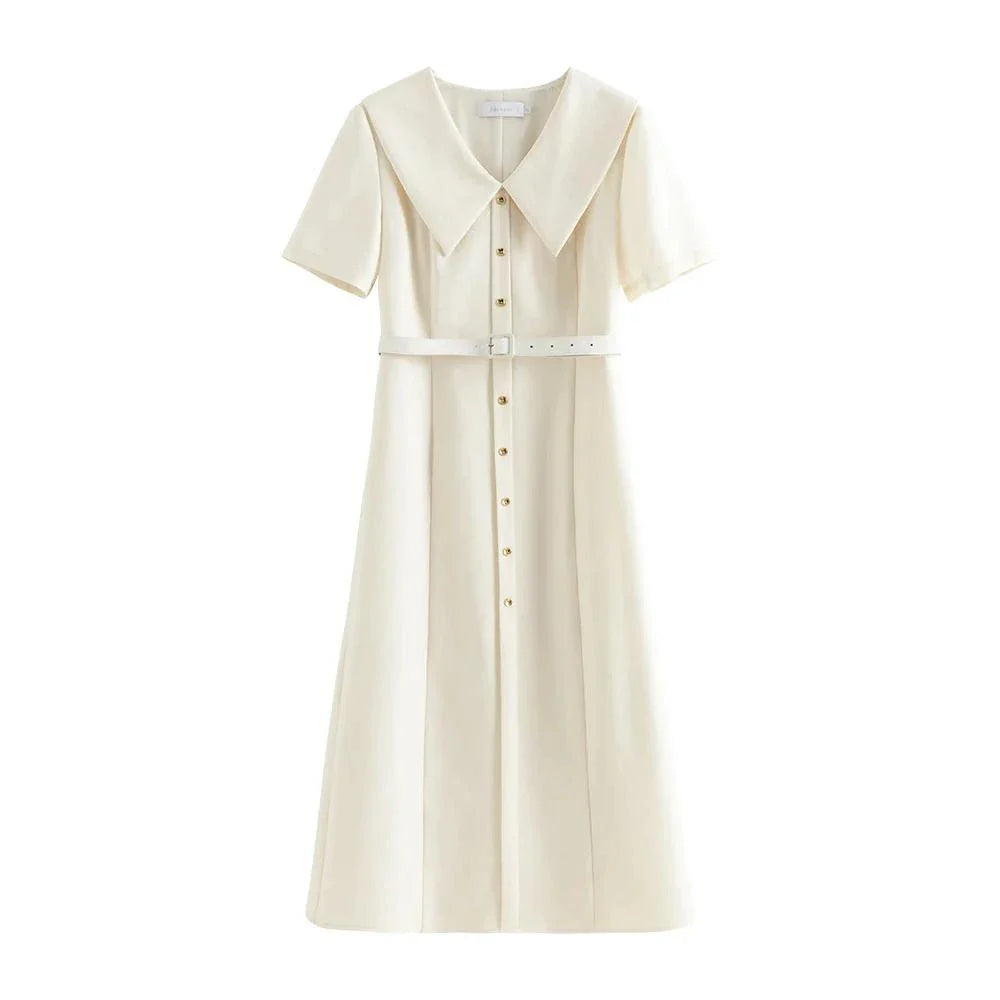 Elegant mid-calf summer dress in a sophisticated style, suitable for professional office wear and special occasions.
