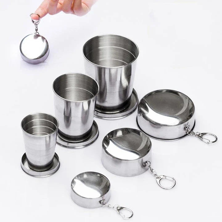 Compact Stainless Steel Folding Cup in three different sizes, perfect for outdoor activities like camping, hiking, and picnics.