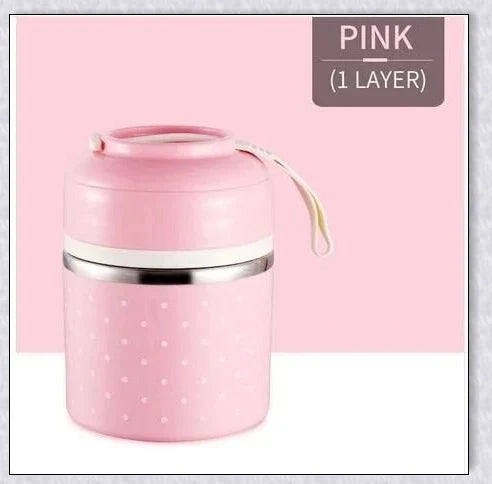 Insulated Hot Food Thermos Lunchbox Tower with multi-layer design and choice of green, pink, blue, or gray colour