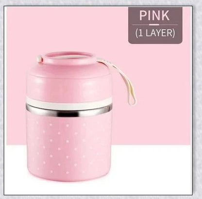 Insulated Hot Food Thermos Lunchbox Tower with multi-layer design and choice of green, pink, blue, or gray colour