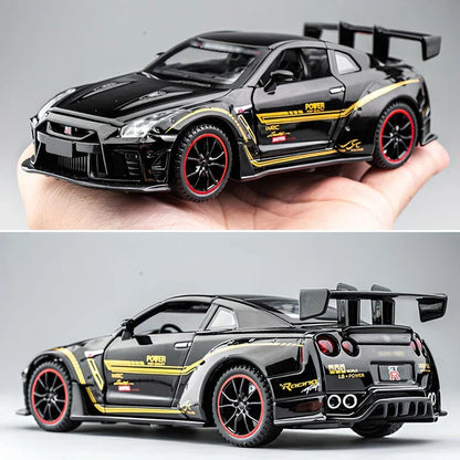 Premium 1:32 scale diecast model of the iconic Skyline R34 and R35 sports car, featuring detailed construction, interactive elements, and authentic design.