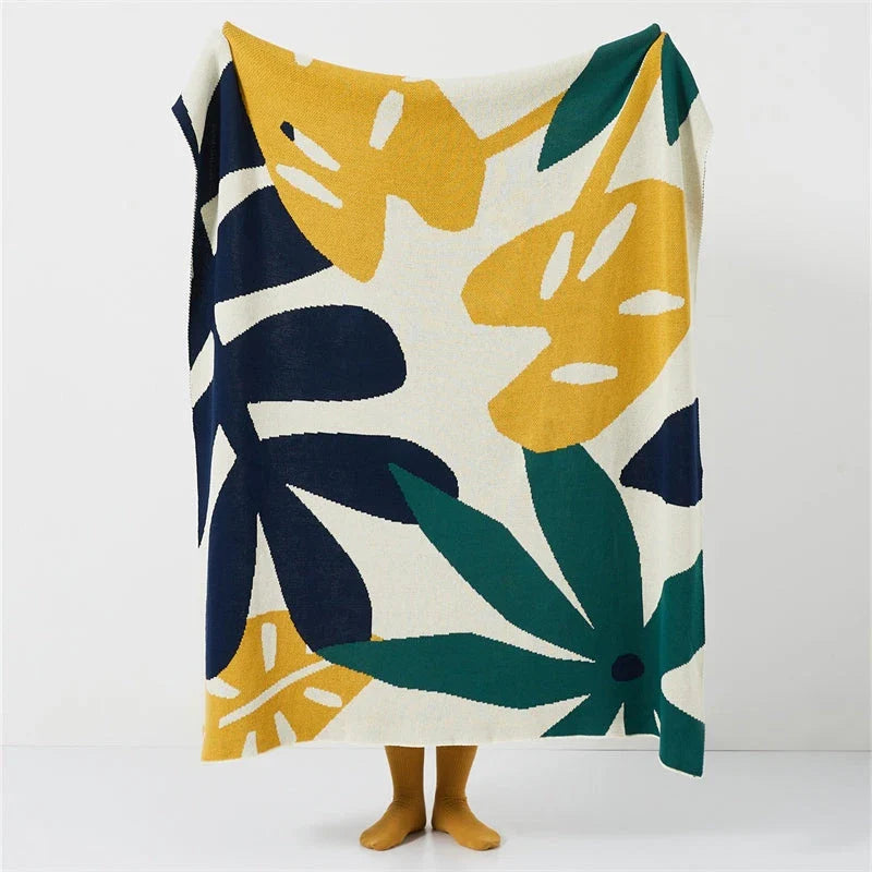 Cosy and stylish leaf jacquard knitted blanket in twilight colour, made from premium 100% cotton for exceptional comfort and durability