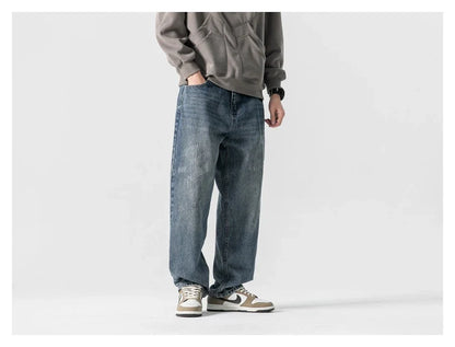 Autumn New Retro Loose Jeans in dark blue colour with straight-leg silhouette and premium cotton fabric