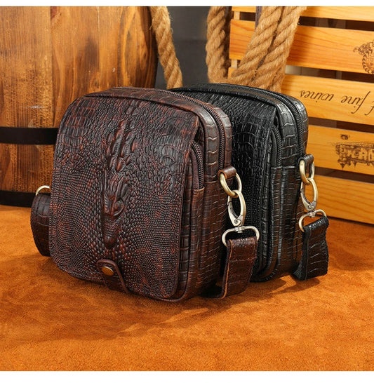 Premium cowhide leather diagonal shoulder bag for men, featuring a sophisticated box-shaped design and distinctive crocodile pattern