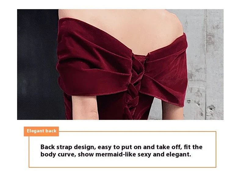 Off-shoulder wine red bridal dress with long, flowing skirt and tight waist for a sophisticated, elegant look