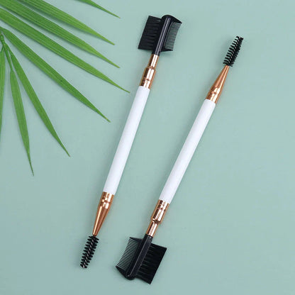 Premium dual-ended eyebrow and eyelash grooming brush with wooden handle and nylon bristles
