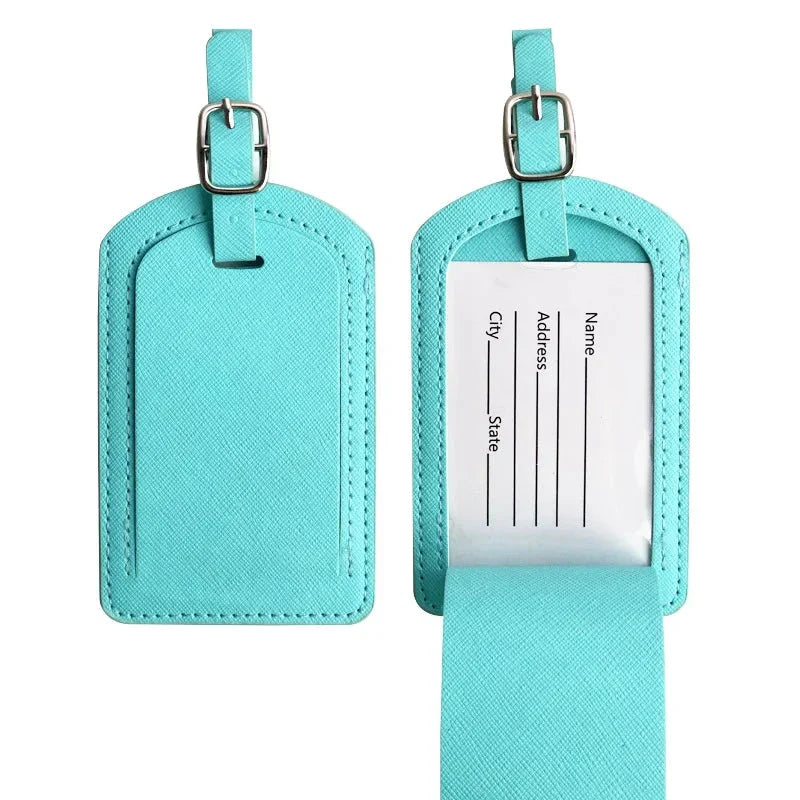 Premium PU leather luggage tag with secure strap and compact design for modern travellers