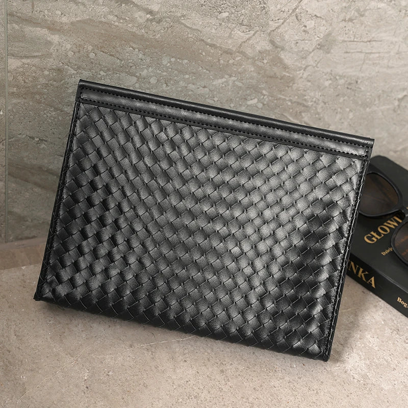 Premium hand-woven black leather briefcase with multiple pockets and adjustable shoulder strap
