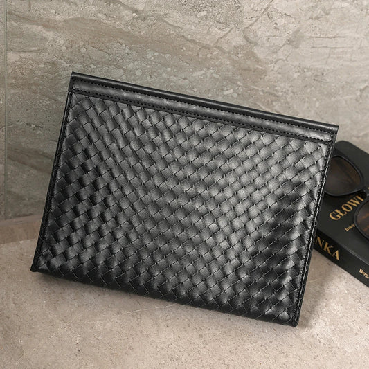 Premium hand-woven black leather briefcase with multiple pockets and adjustable shoulder strap