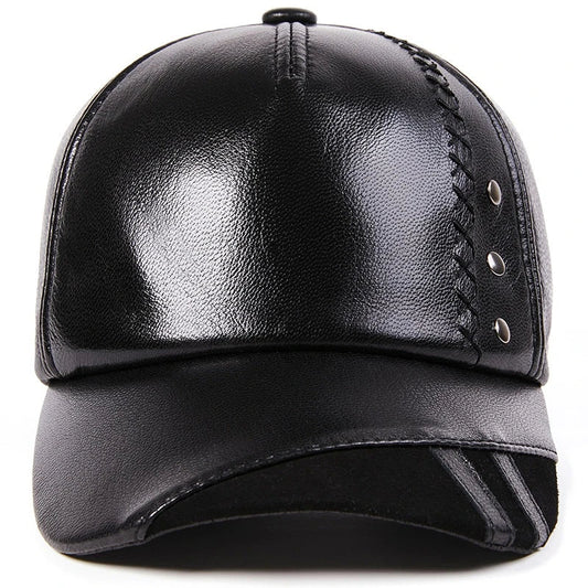 Premium genuine leather British baseball cap in black and brown colours, featuring an adjustable free-size design and dome-shaped crown