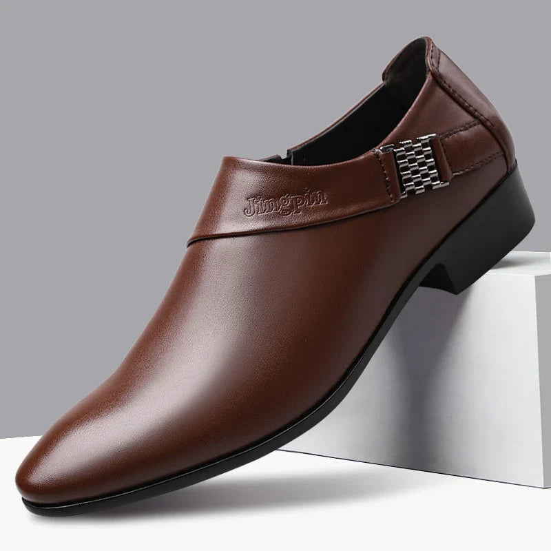 A pair of sophisticated men's leather shoes in black and brown, suitable for both casual and formal wear