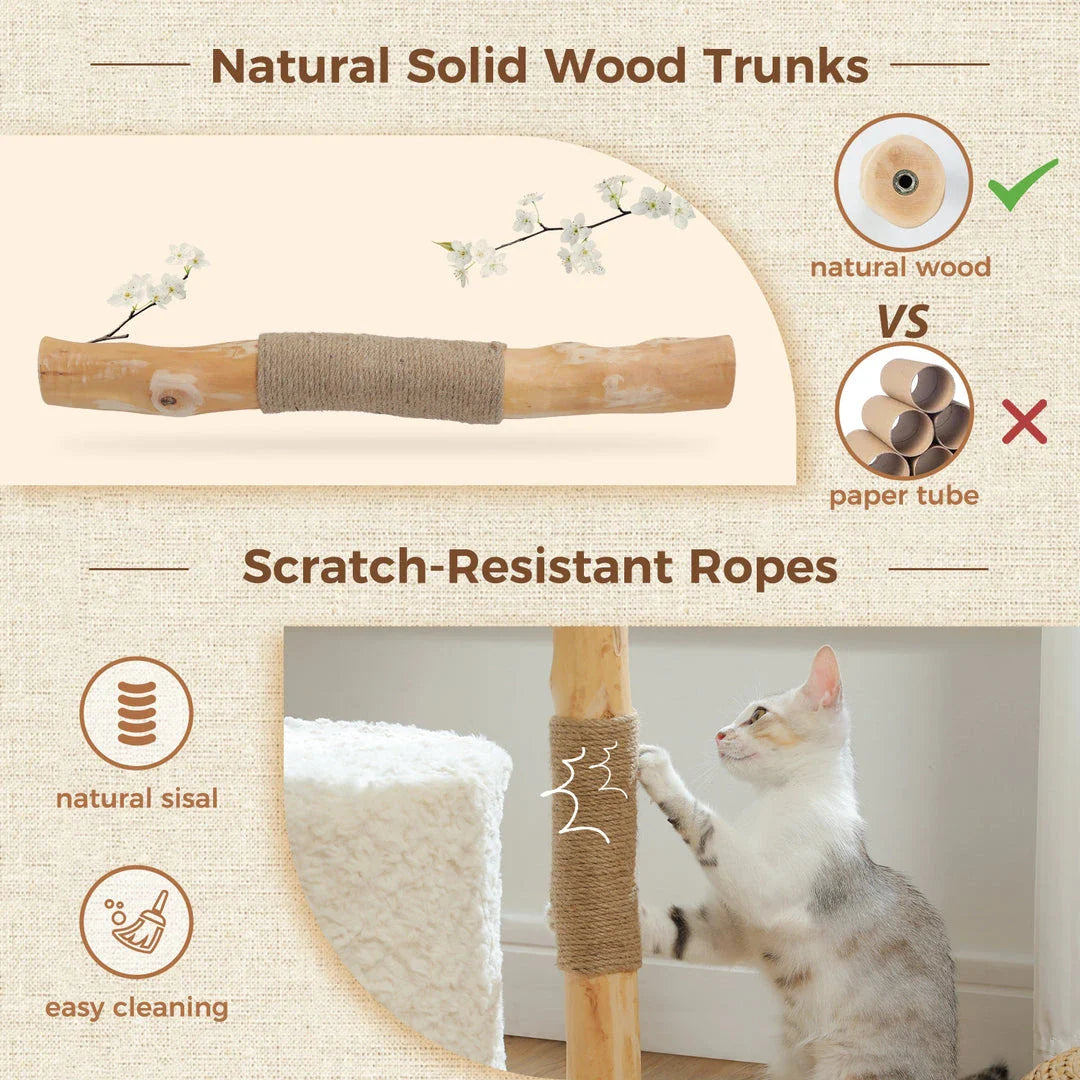 Luxurious modern cat tree with woven basket, hammock, and solid wood scratching post for large indoor cats