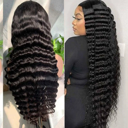 Luxurious deep wavy human hair wig with natural lace construction, available in various lengths for a customized, elegant look.