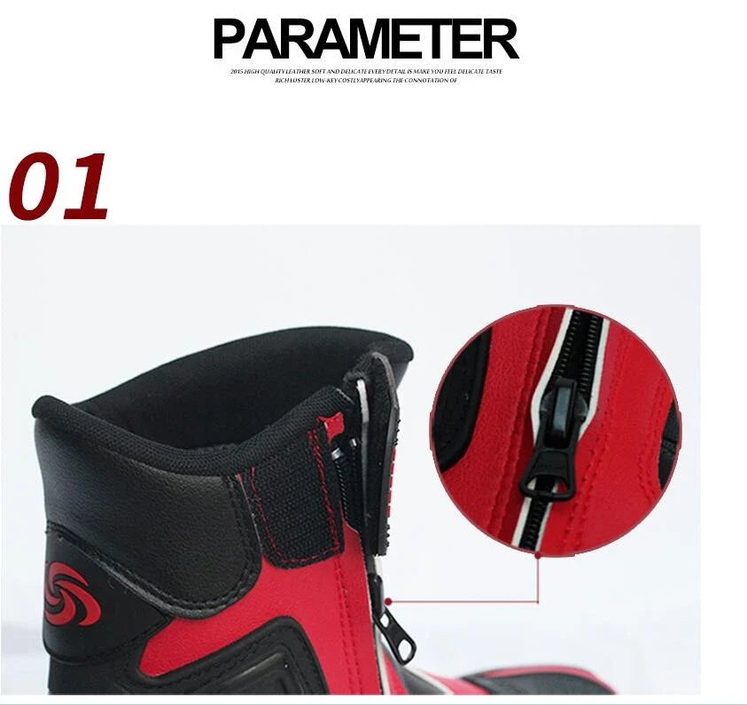 Premium motorcycle riding boots with durable microfiber leather, breathable mesh lining, and reinforced toe and heel for enhanced impact protection