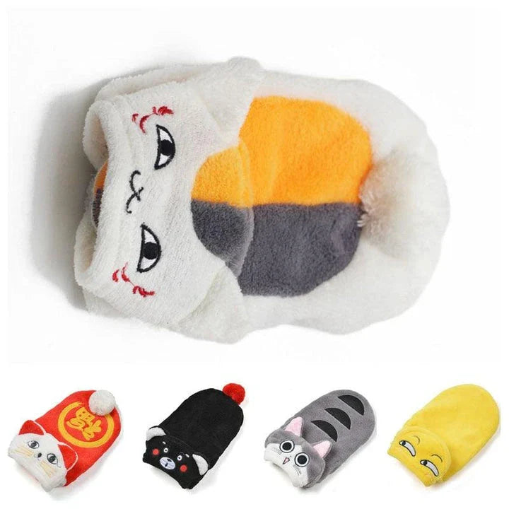 Coral fleece pet clothing for dogs and cats in various sizes, designed to keep pets warm and comfortable during the British winter.